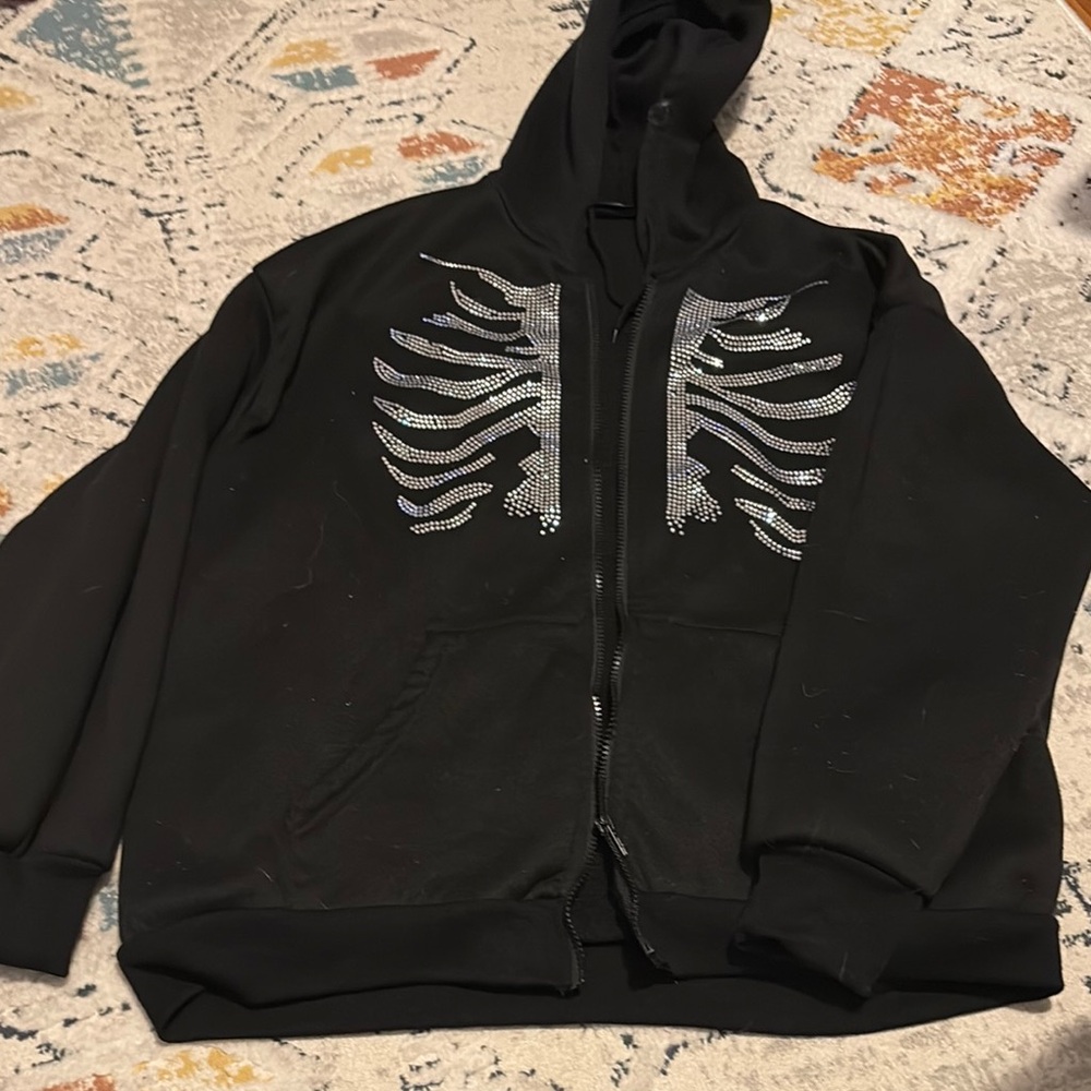 Black Hoodie with Rhinestone Skeleton Design
